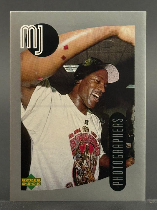 Michael Jordan Upper Deck MJ Photographers trading card, showing him celebrating.