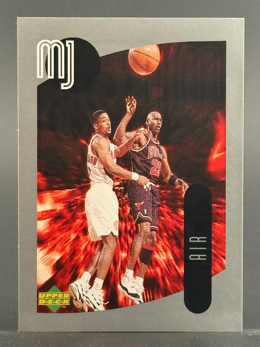 Michael Jordan basketball card, Upper Deck MJ Air insert featuring Jordan in a red Bulls uniform.