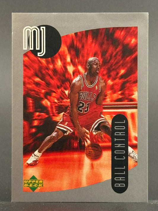 Michael Jordan 1993-94 Upper Deck "Ball Control" basketball card, featuring MJ in a Bulls uniform dribbling.