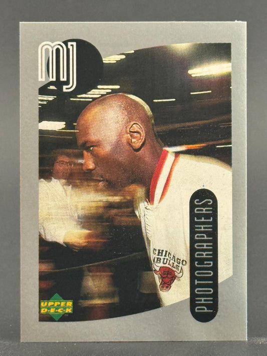 Michael Jordan 1990 Upper Deck Photographers trading card, profile view in Bulls warm-up.