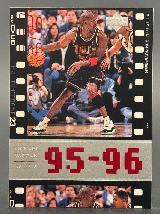 Michael Jordan 1995 Upper Deck MJ Timeframe card #23 in Bulls uniform.