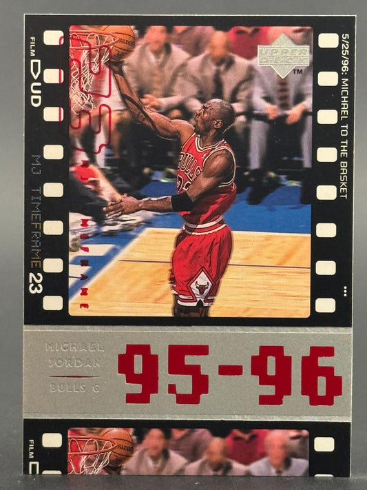 1995-96 Upper Deck Michael Jordan trading card, card 23, showing Jordan dunking in a Bulls uniform.