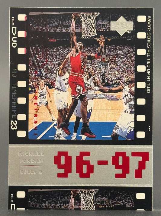 1996-97 Upper Deck Michael Jordan basketball card #23, showing him dunking.