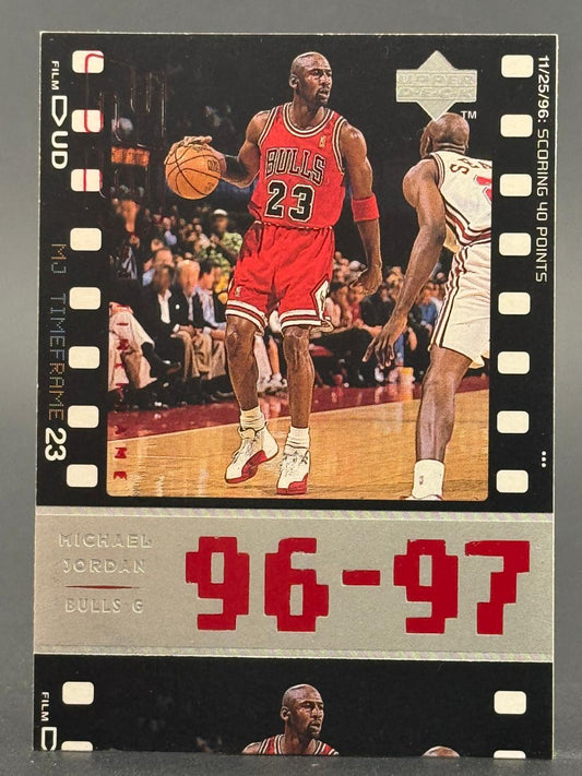 1996-97 Upper Deck Michael Jordan basketball card featuring film strip borders and 96-97 text.