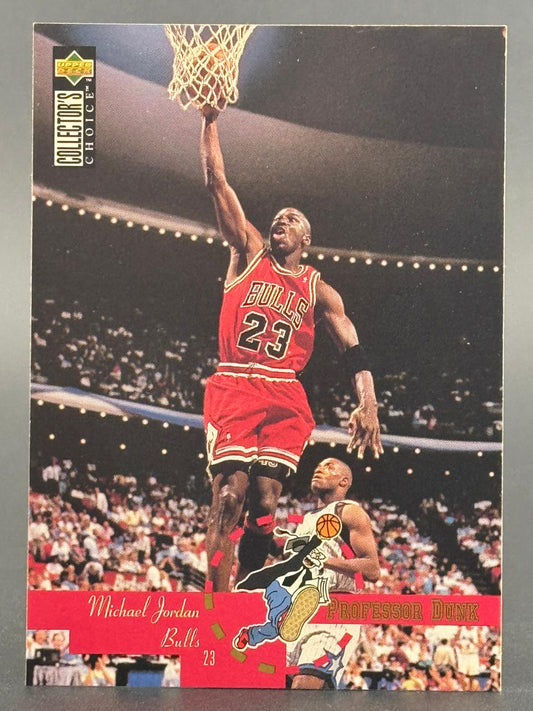 1994 Upper Deck Collector's Choice Michael Jordan basketball card dunking in a red Bulls uniform.