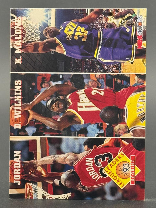 1993 NBA Hoops League Leaders Scoring trading card featuring Karl Malone, Dominique Wilkins, and Michael Jordan.