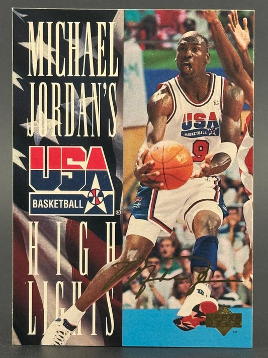 Michael Jordan trading card showing him in a USA Basketball uniform holding a basketball.