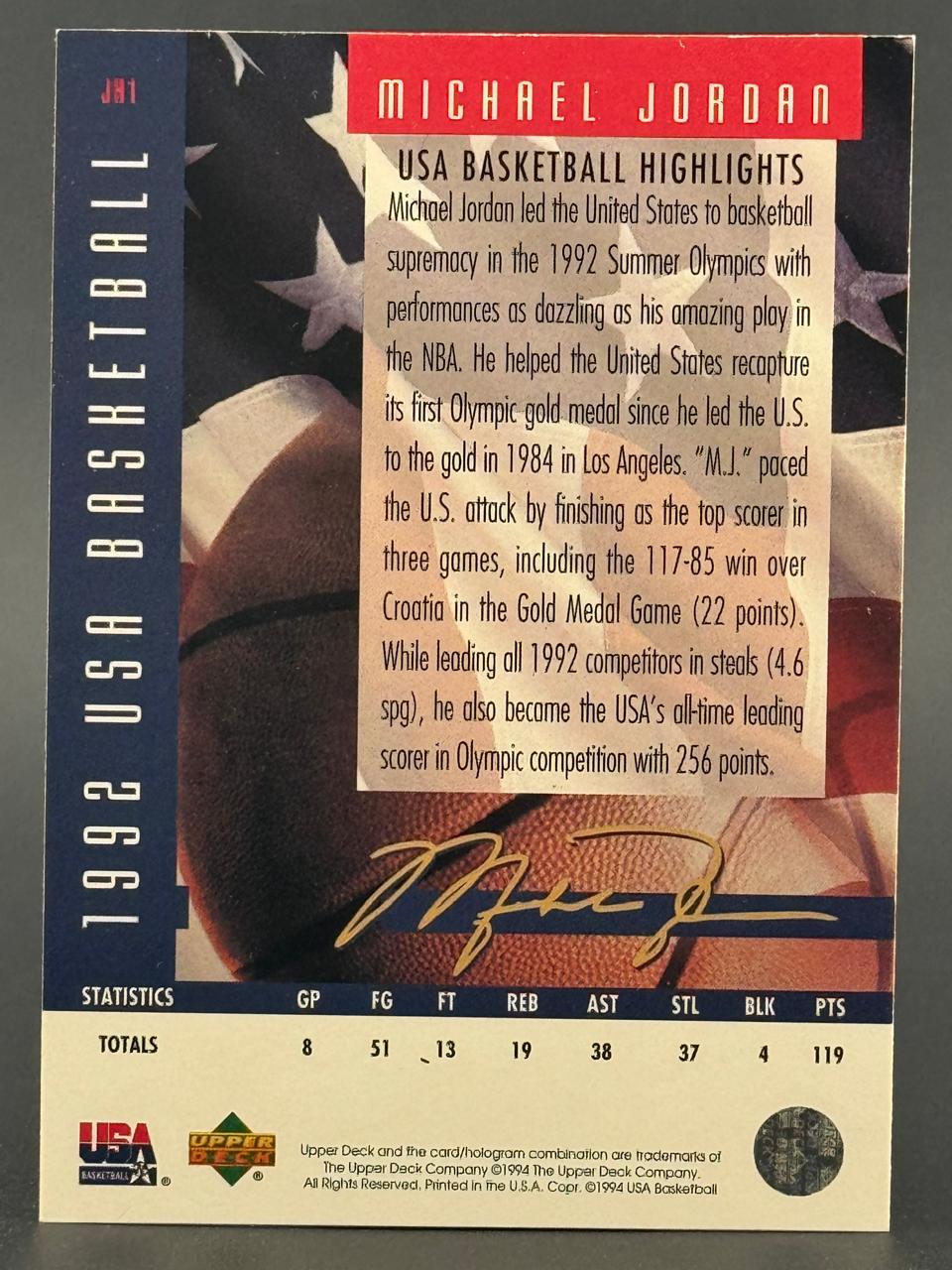 1992 Upper Deck USA Basketball Michael Jordan card #J81 back, showing stats and text.