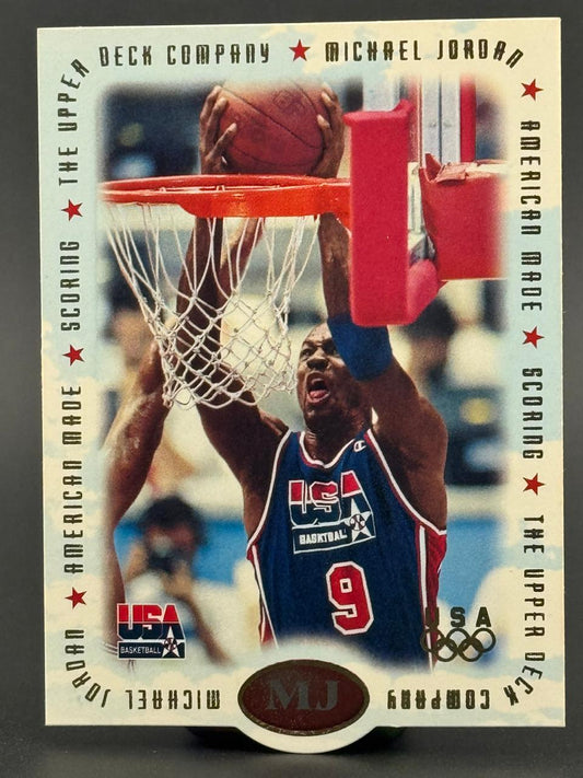 Michael Jordan 1992 Upper Deck USA Basketball card #MJ1, showing Jordan dunking.