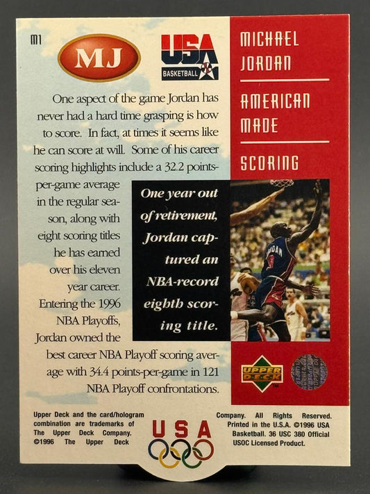 Back of 1996 Upper Deck USA Basketball Michael Jordan trading card #M1.