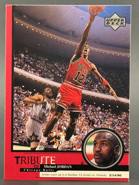Michael Jordan 1990 Upper Deck basketball card #23, wearing a #12 jersey, action shot with inset portrait.