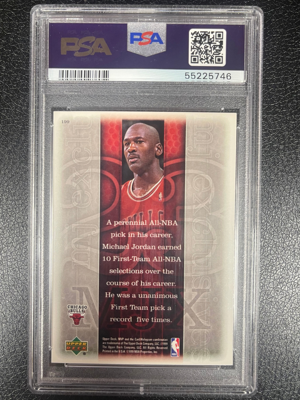 PSA-encased Michael Jordan basketball card back, #199.