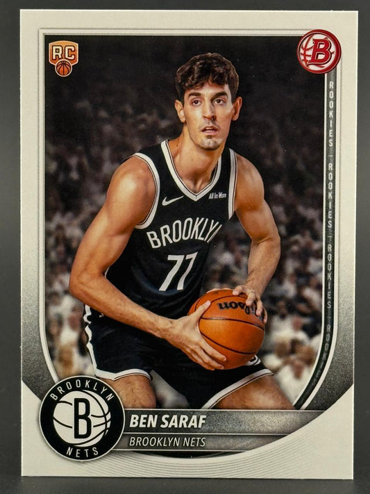 Ben Saraf rookie trading card holding a basketball in a Brooklyn Nets uniform.