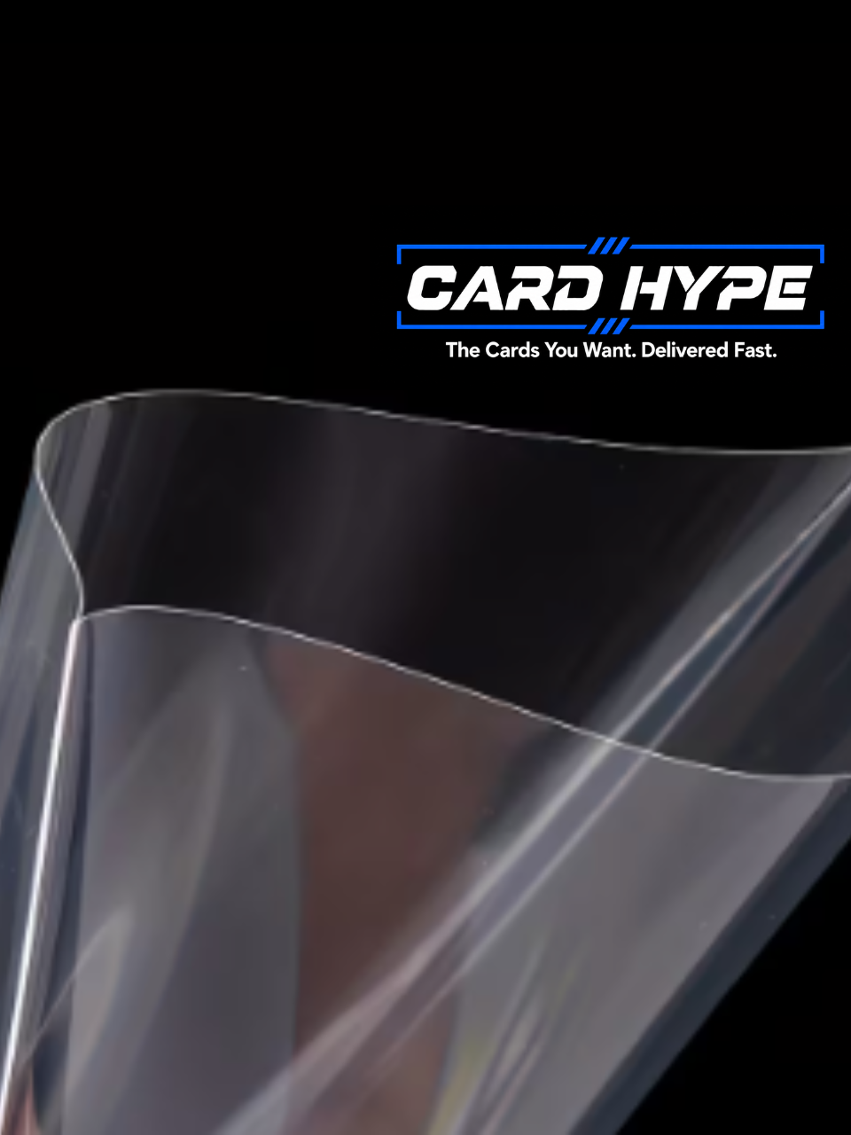 Clear plastic card sleeve with the Card Hype logo at the top against a black background.