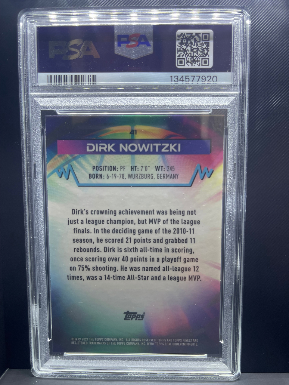 PSA slab containing the back of a 2021 Topps Dirk Nowitzki trading card, number 41.