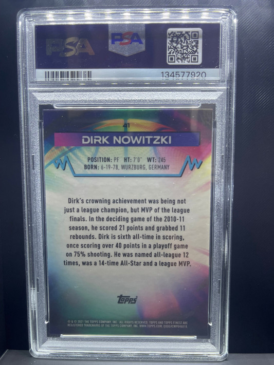 PSA slab containing the back of a 2021 Topps Dirk Nowitzki trading card, number 41.