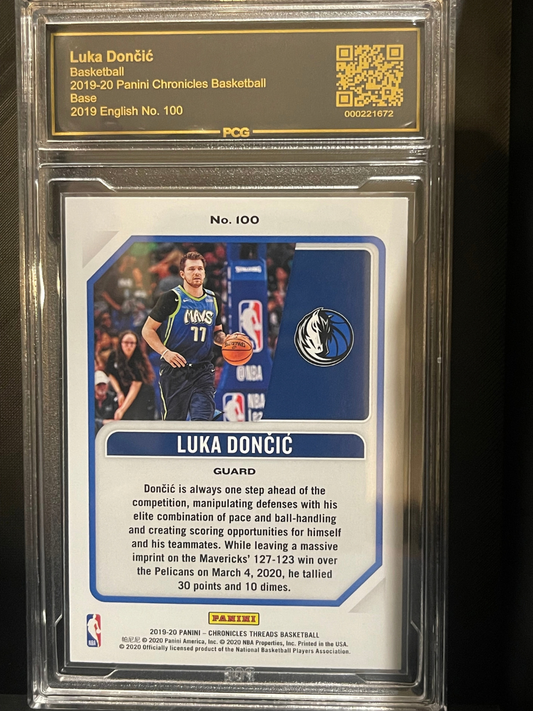 2019-20 Panini Chronicles Luka Dončić #100 PCG-graded basketball card back.