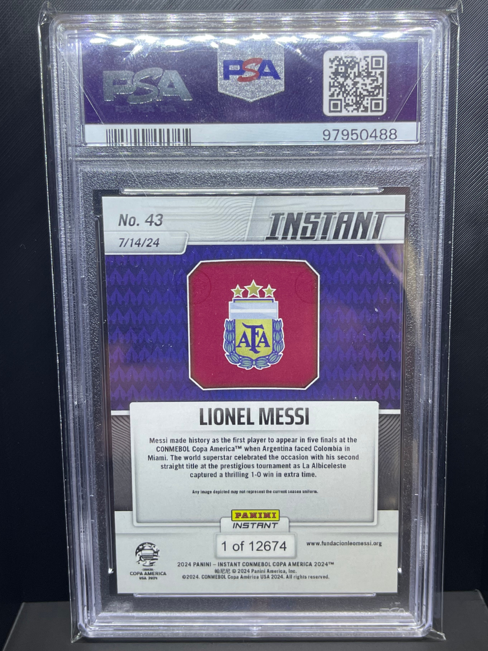 2024 Panini Instant Lionel Messi Copa America card #43, unranked PSA slab.