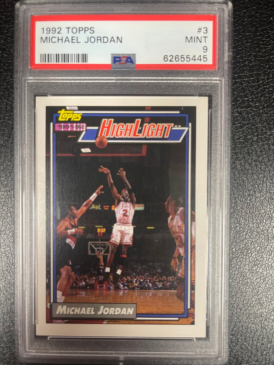 1992 Topps Michael Jordan trading card #3, graded PSA Mint 9.