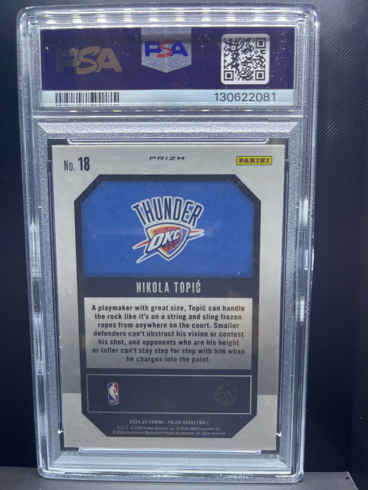 2024-25 Panini Prizm Nikola Topić card #18, back view, slabbed in PSA holder.