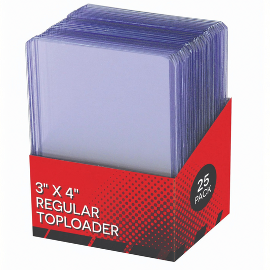A stack of clear 3" x 4" regular trading card toploaders in a red and black 25 pack retail box.