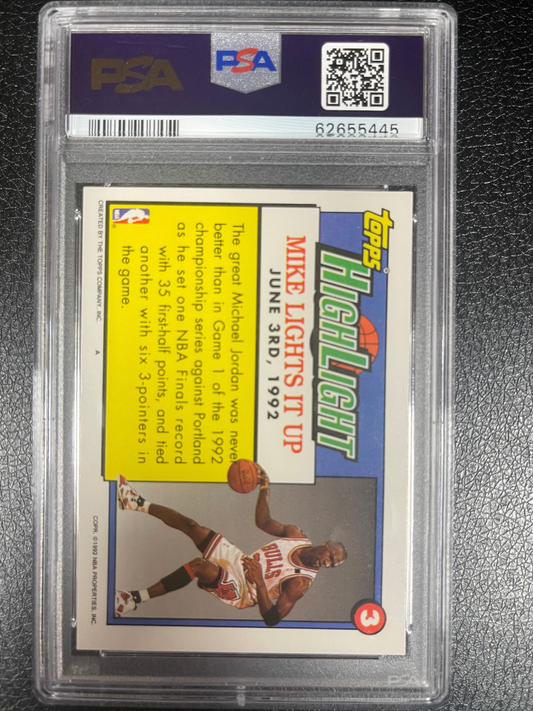 PSA-graded Michael Jordan 1992 Topps Highlight card back, showing card #3 and player bio text.